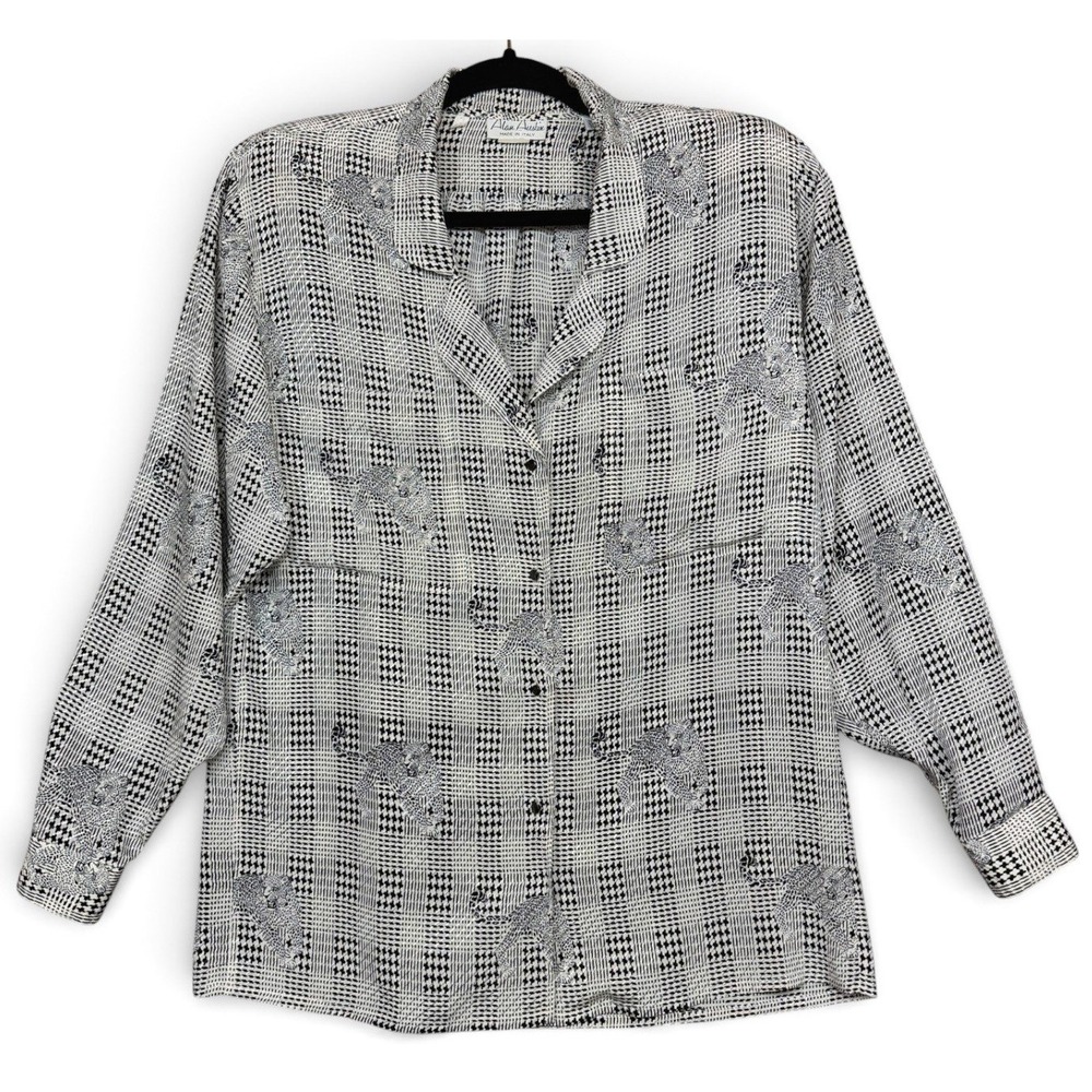 Vintage Alan Austin Blouse Womens‎ 4 Black White Houndstooth Cheetah Silk Italy